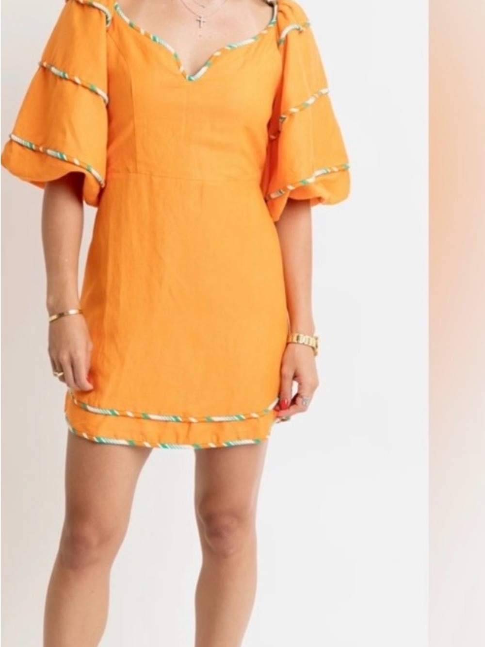 Karlie Orange Puff-Sleeve Midi Dress with Contrast Trim